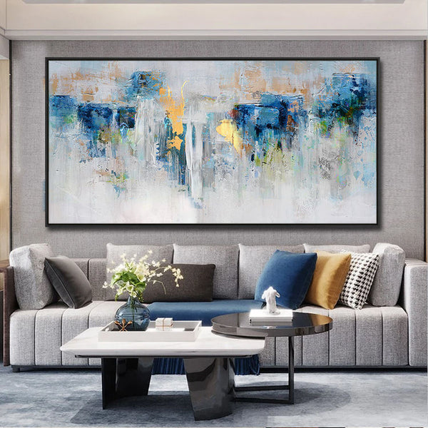 Handmade Oil Painting Canvas Wall Art Decoration Modern Blue And Gold Abstract For Home Living Room Decor Rolled Frameless Unstretched Painting
