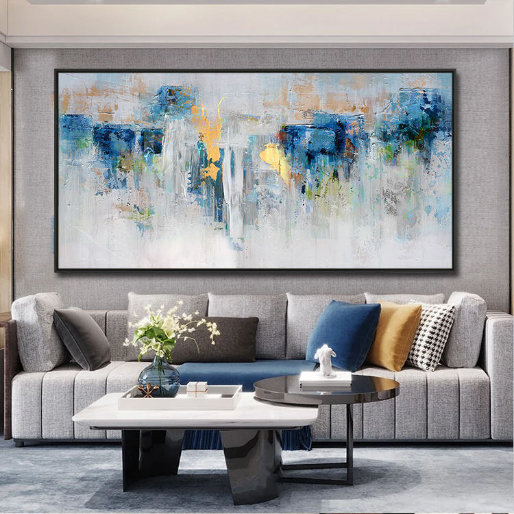 Handmade Oil Painting Canvas Wall Art Decoration Modern Blue And Gold Abstract For Home Living Room Decor Rolled Frameless Unstretched Painting