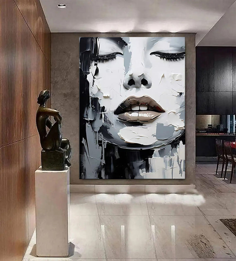 Handmade Oil Painting Canvas Wall Art Decoration Black And White Knife Painting Modern Abstract Portrait Of Women For Home Decor Rolled Frameless Unstretched Painting