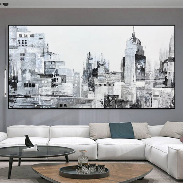 Handmade Oil Painting Canvas Wall Art Decoration Modern Abstract Black And White Urban Architectural Street Scenes For Home Decor Rolled Frameless Unstretched Painting
