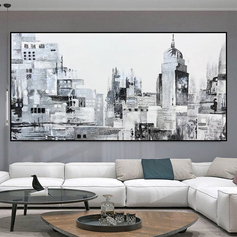Handmade Oil Painting Canvas Wall Art Decoration Modern Abstract Black And White Urban Architectural Street Scenes For Home Decor Rolled Frameless Unstretched Painting