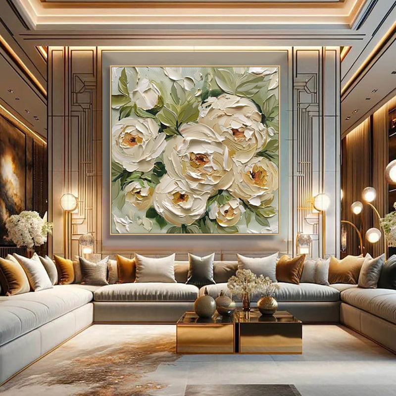 Hand-Painted Abstract Oil Painting On Canvas Modern Thick Oil Wall Art Picture Green Leaves Yellow Rose Flowers Mural For Home Decor
