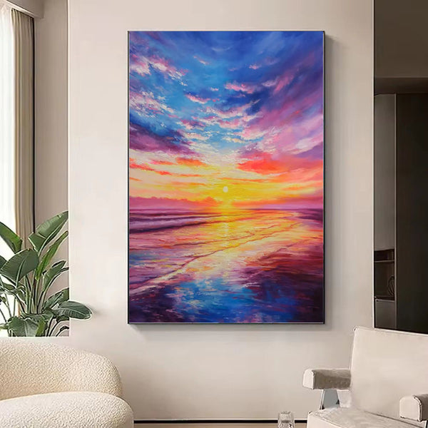 Modern Boho Vivid Hand Painted Heavy Colorful Textured Colorful Sunset Seascape Oil Painting For Home Living Room Wall Art Decor Rolled Frameless Unstretched Painting