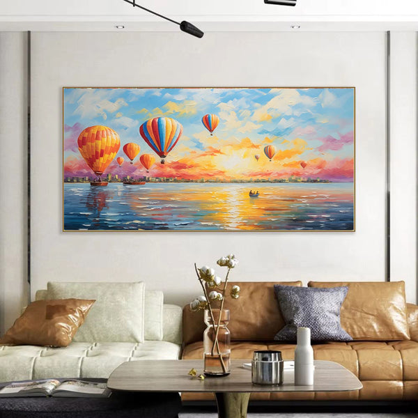 Abstract Hot Air Balloon Canvas Wall Art Colorful Boat Handmade Oil Painting Quiet Seascape Artwork Modern Style For Home Living Room Decor