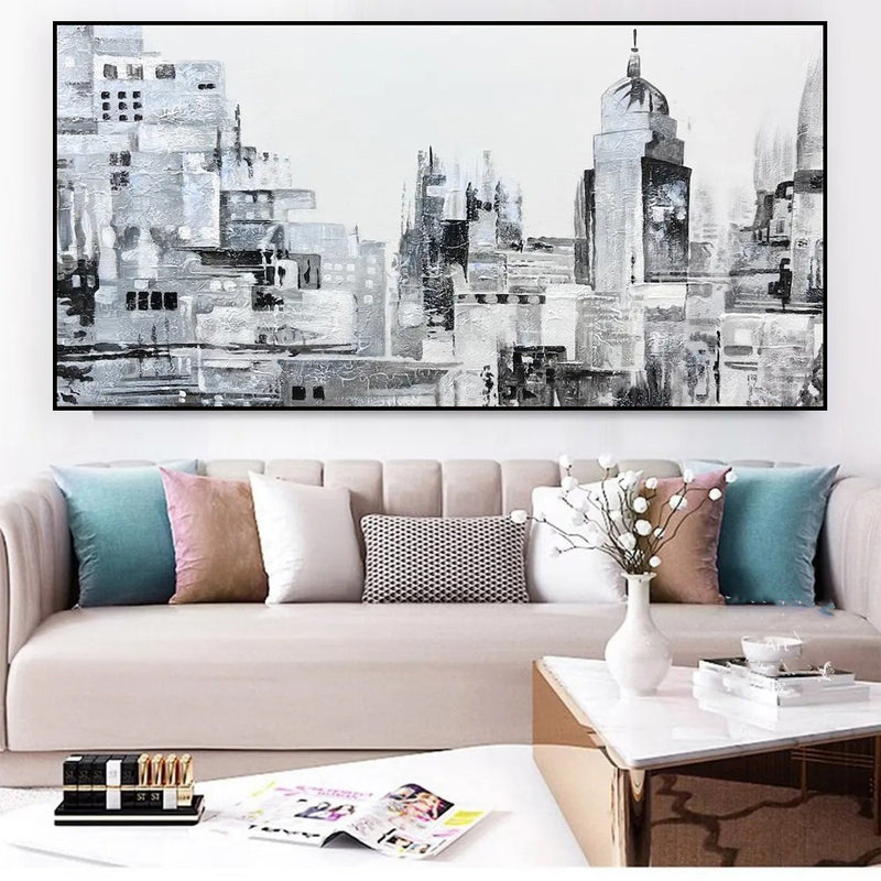 Handmade Oil Painting Canvas Wall Art Decoration Modern Abstract Black And White Urban Architectural Street Scenes For Home Decor Rolled Frameless Unstretched Painting