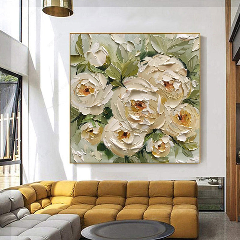 Hand-Painted Abstract Oil Painting On Canvas Modern Thick Oil Wall Art Picture Green Leaves Yellow Rose Flowers Mural For Home Decor