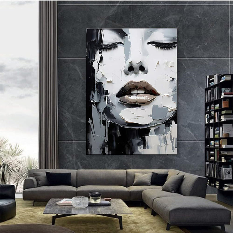 Handmade Oil Painting Canvas Wall Art Decoration Black And White Knife Painting Modern Abstract Portrait Of Women For Home Decor Rolled Frameless Unstretched Painting