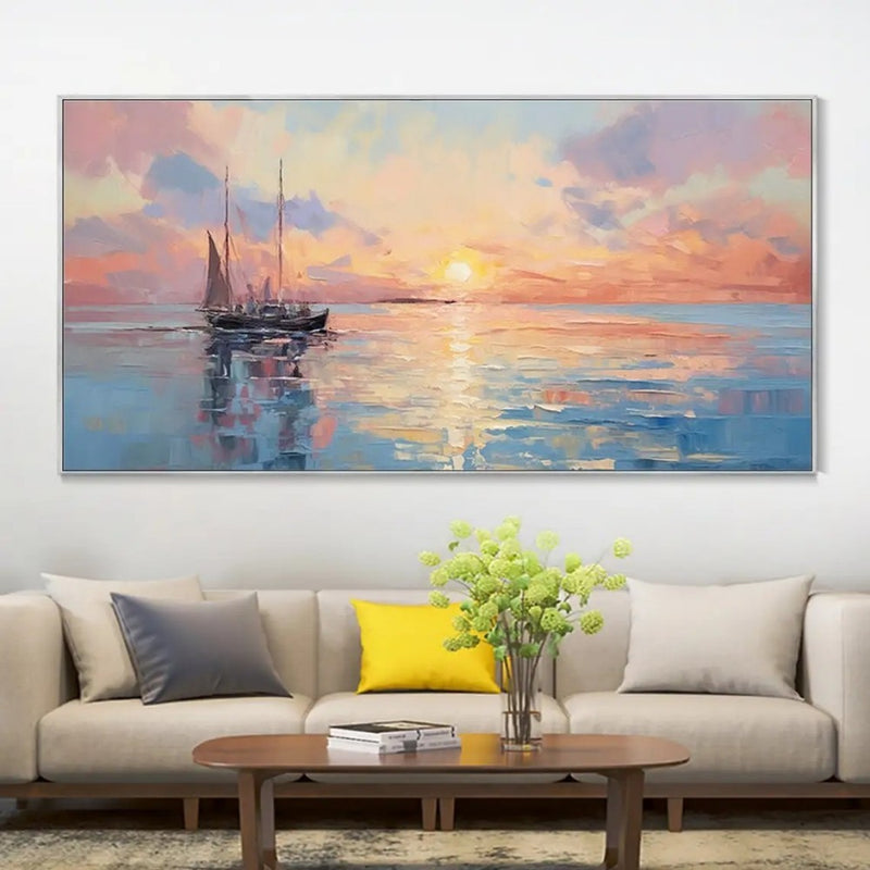 Handmade Oil Painting Canvas Wall Art Decoration Modern Abstract Sunrise Over Sea For Home Living Room Interior Decor Rolled Frameless Unstretched Painting