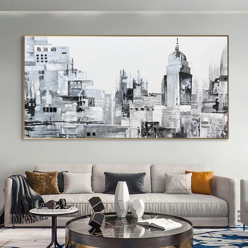 Handmade Oil Painting Canvas Wall Art Decoration Modern Abstract Black And White Urban Architectural Street Scenes For Home Decor Rolled Frameless Unstretched Painting