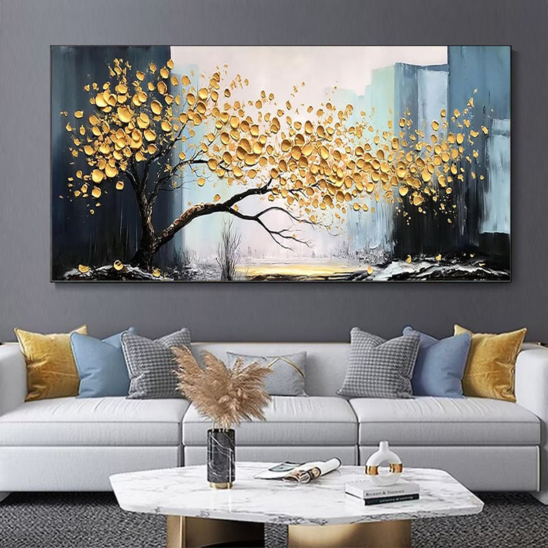 Large Abstract Handmade Painting Abstract Golden Tree Still Life Canvas Painting Wall Art  Lucky Tree Landscape Modern Home Living Room Decor