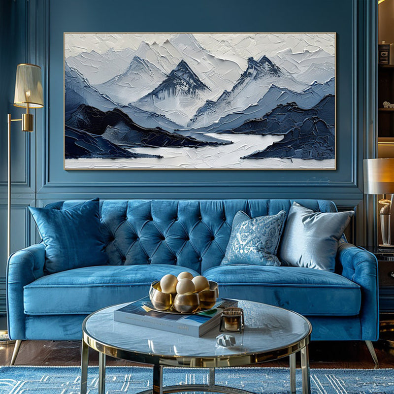 Navy Blue And White Modern Mountain Landscape Oil Painting Hand Painted Blue-Gray Views Wall Art Decor For Living Room
