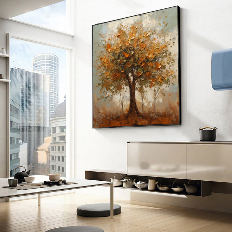 Handmade Oil Painting Canvas Wall Art Decoration Modern Orange Autumn Trees Abstract Square Home Dining Room Bedroom Decor Rolled Frameless Unstretched Painting
