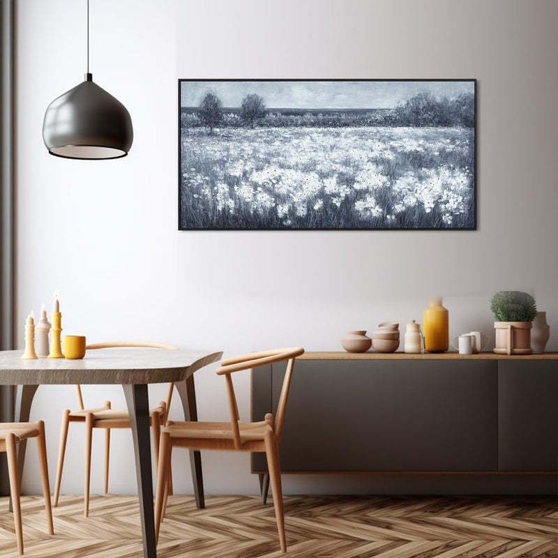Handmade Oil Painting Canvas Wall Art Decoration Modern Black And White Landscape Little White Flowers For Home Living Room Decor Rolled Frameless Unstretched Painting