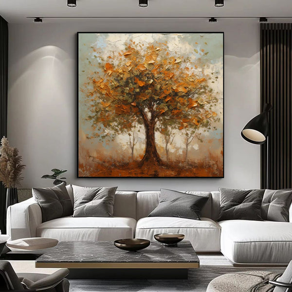 Handmade Oil Painting Canvas Wall Art Decoration Modern Orange Autumn Trees Abstract Square Home Dining Room Bedroom Decor Rolled Frameless Unstretched Painting