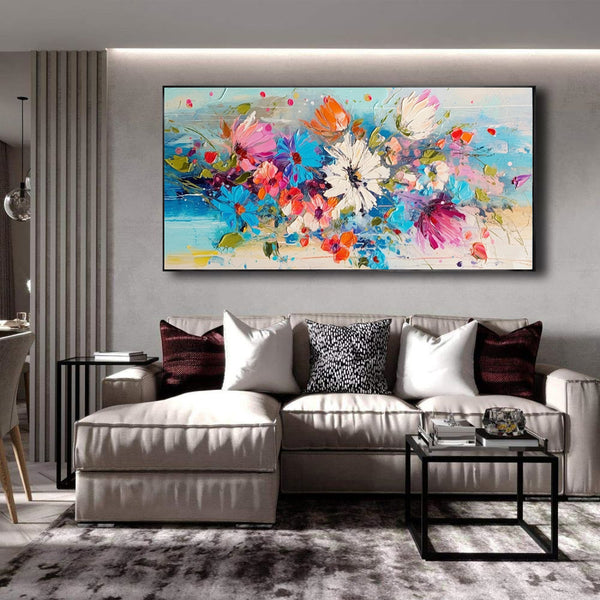 Beautiful Colorful Spring Flowers Knife Thick Oil Painting Handpainted Large Blue Florals Canvas Wall Art Modern Artwork Decor