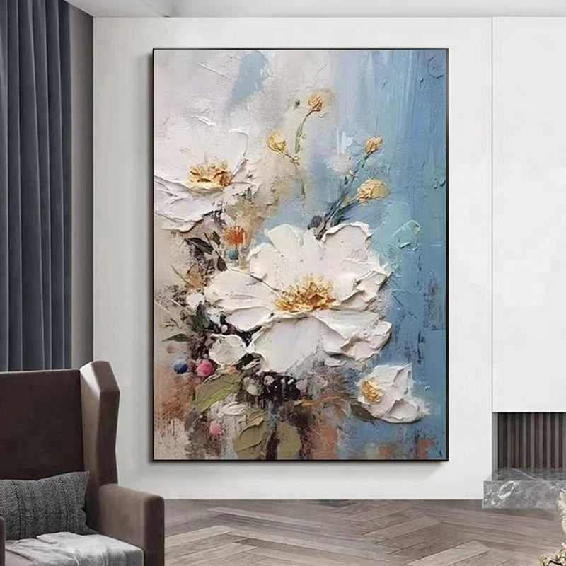 Handmade Oil Painting Canvas Wall Art Decoration 3D Texture Thick Oil White Flowers Modern Abstract For Home Room Decor