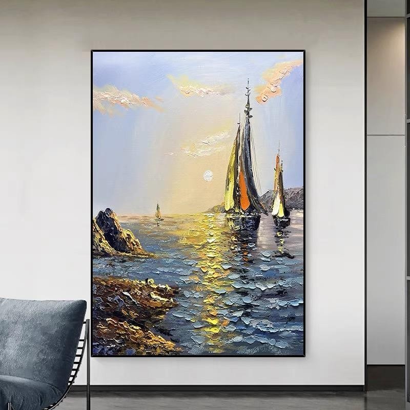 Sea Boat Handmade Painting Artwork Oil Paintings Living Room Canvas Modern Pictures Landscape Wall Art Home Living Room Decor No Framed