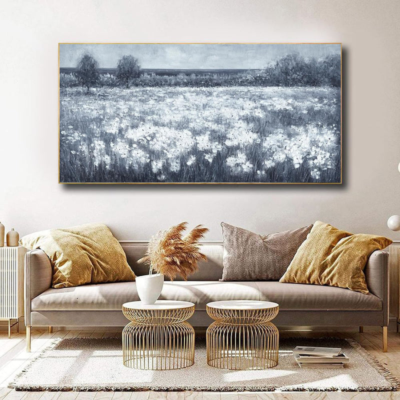 Handmade Oil Painting Canvas Wall Art Decoration Modern Black And White Landscape Little White Flowers For Home Living Room Decor Rolled Frameless Unstretched Painting