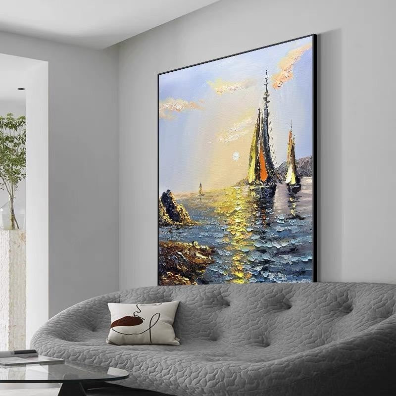 Sea Boat Handmade Painting Artwork Oil Paintings Living Room Canvas Modern Pictures Landscape Wall Art Home Living Room Decor No Framed