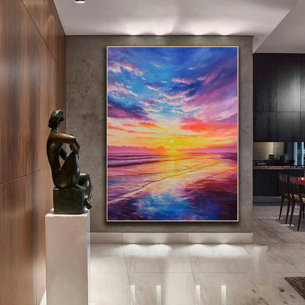Modern Boho Vivid Hand Painted Heavy Colorful Textured Colorful Sunset Seascape Oil Painting For Home Living Room Wall Art Decor Rolled Frameless Unstretched Painting