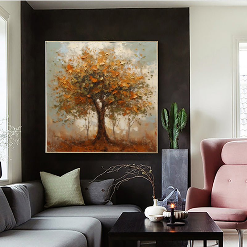 Handmade Oil Painting Canvas Wall Art Decoration Modern Orange Autumn Trees Abstract Square Home Dining Room Bedroom Decor Rolled Frameless Unstretched Painting