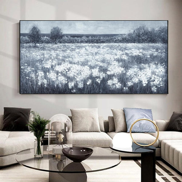 Handmade Oil Painting Canvas Wall Art Decoration Modern Black And White Landscape Little White Flowers For Home Living Room Decor Rolled Frameless Unstretched Painting