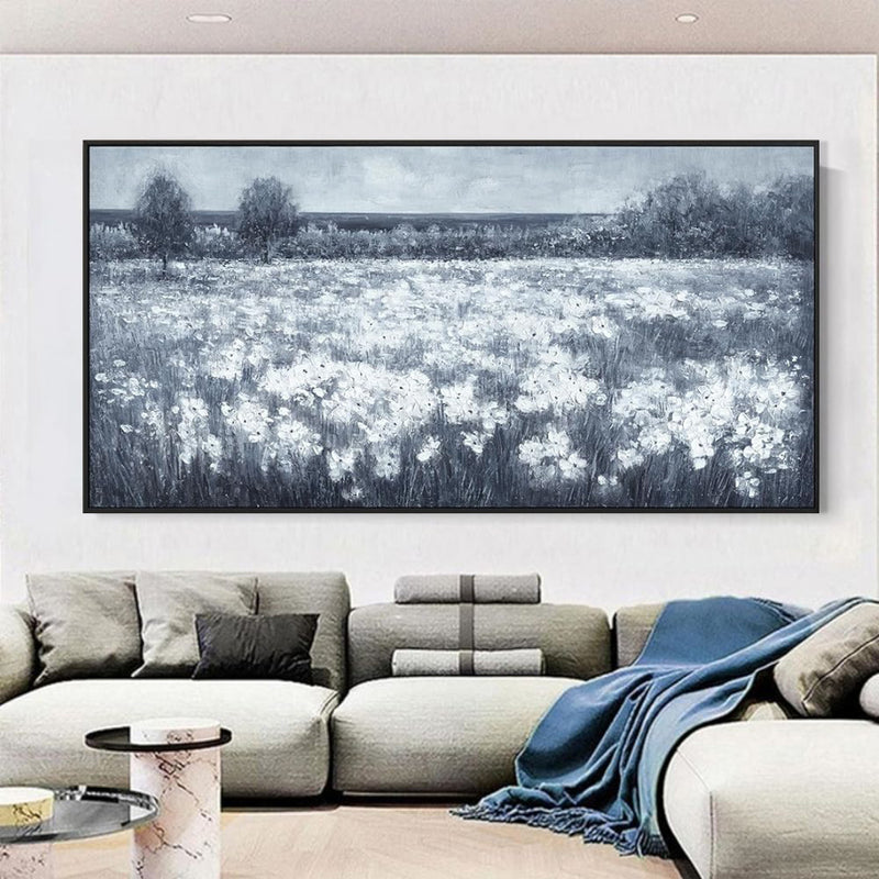 Handmade Oil Painting Canvas Wall Art Decoration Modern Black And White Landscape Little White Flowers For Home Living Room Decor Rolled Frameless Unstretched Painting