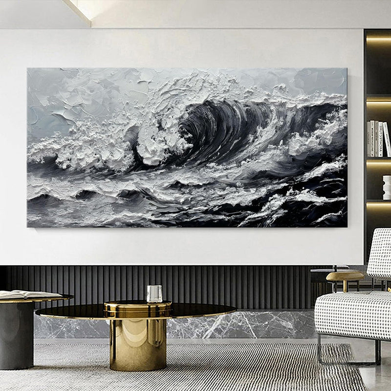 Large Gray And White Seawaves Seascape Oil Painting On Canvas Handmade Black Texture Knife Thick Wall Art For Living Room Decor Mural
