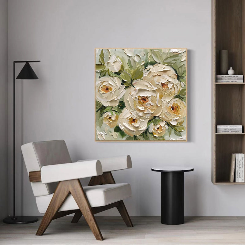 Hand-Painted Abstract Oil Painting On Canvas Modern Thick Oil Wall Art Picture Green Leaves Yellow Rose Flowers Mural For Home Decor