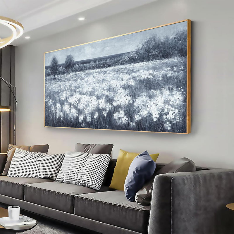 Handmade Oil Painting Canvas Wall Art Decoration Modern Black And White Landscape Little White Flowers For Home Living Room Decor Rolled Frameless Unstretched Painting