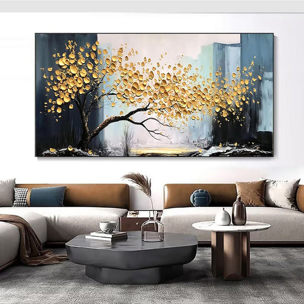 Large Abstract Handmade Painting Abstract Golden Tree Still Life Canvas Painting Wall Art  Lucky Tree Landscape Modern Home Living Room Decor