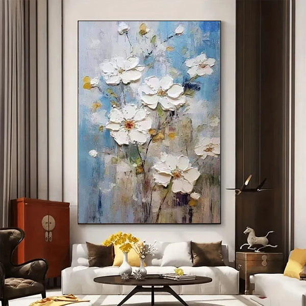 Handmade Oil Painting Canvas Wall Art Decoration 3D Texture Thick Oil White Flowers Modern Abstract For Home Room Decor