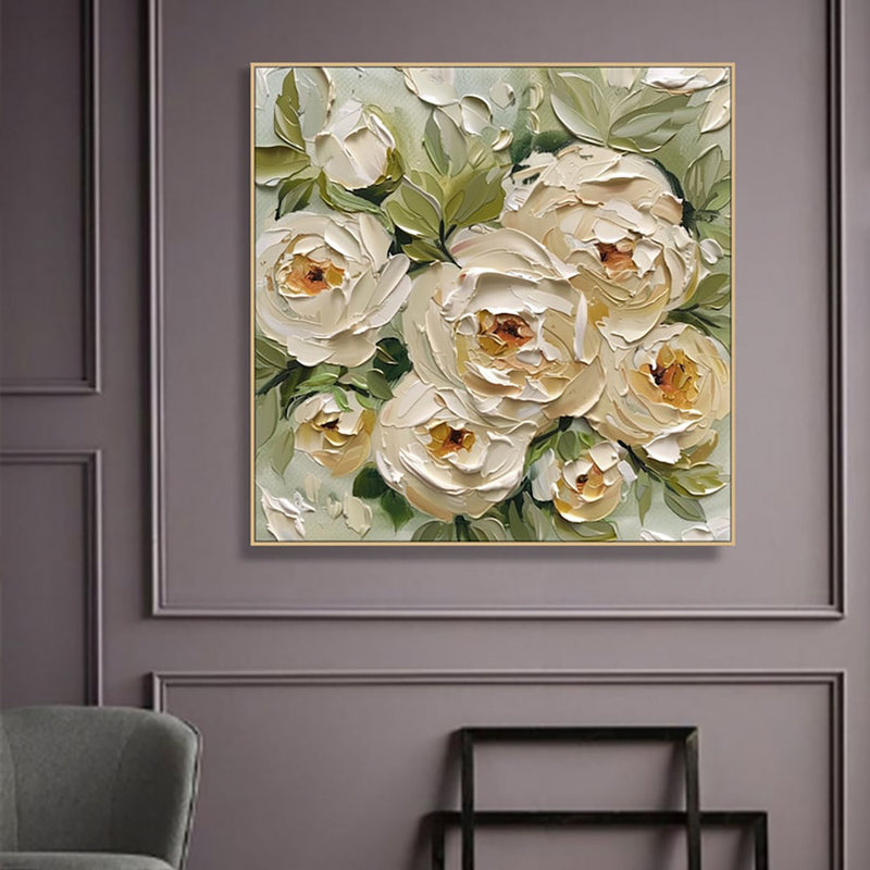Hand-Painted Abstract Oil Painting On Canvas Modern Thick Oil Wall Art Picture Green Leaves Yellow Rose Flowers Mural For Home Decor