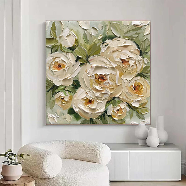 Hand-Painted Abstract Oil Painting On Canvas Modern Thick Oil Wall Art Picture Green Leaves Yellow Rose Flowers Mural For Home Decor