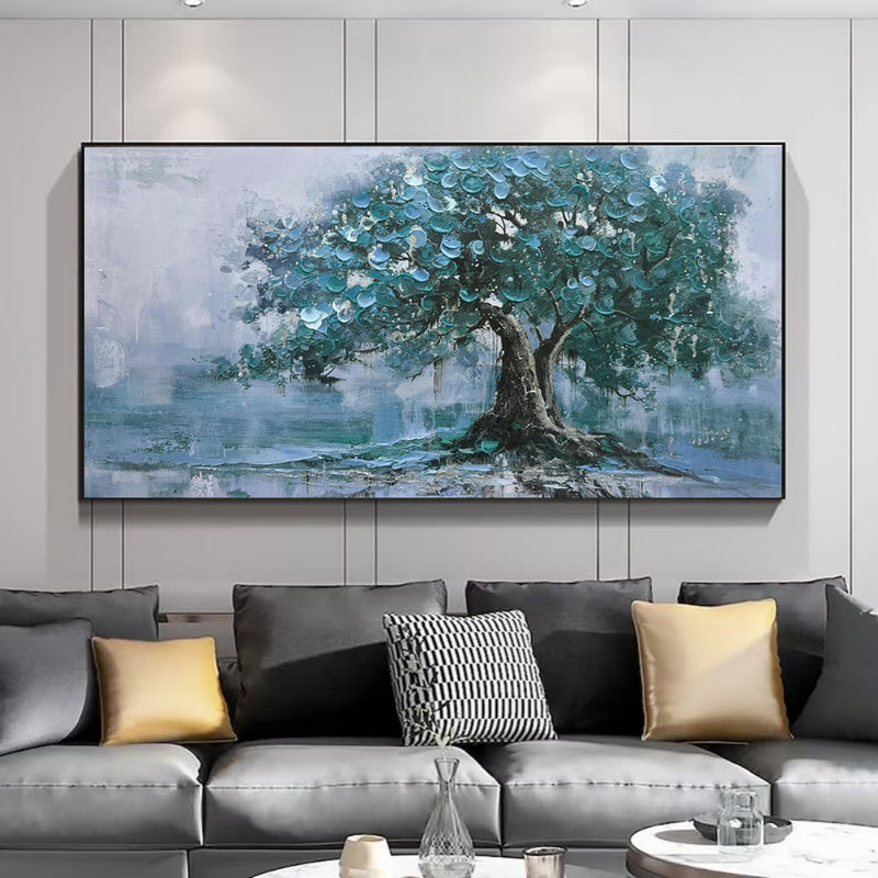 Large Handpainted Palette Knife Green Big Tree Oil Painting On Canvas Modern Abstract Landscape Art Poster Wall Pictures Home Decor