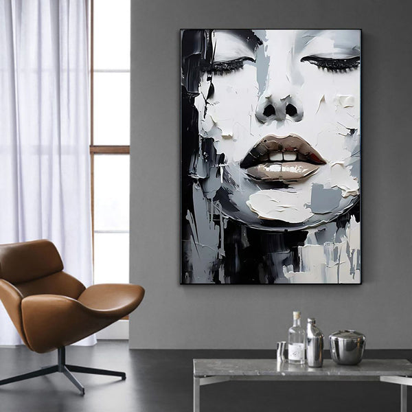 Handmade Oil Painting Canvas Wall Art Decoration Black And White Knife Painting Modern Abstract Portrait Of Women For Home Decor Rolled Frameless Unstretched Painting