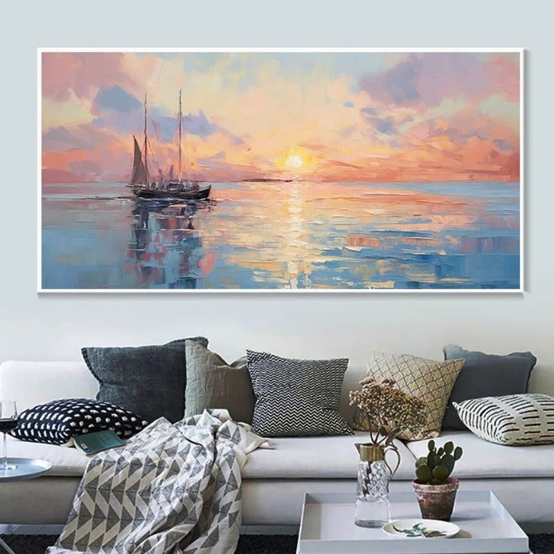 Handmade Oil Painting Canvas Wall Art Decoration Modern Abstract Sunrise Over Sea For Home Living Room Interior Decor Rolled Frameless Unstretched Painting